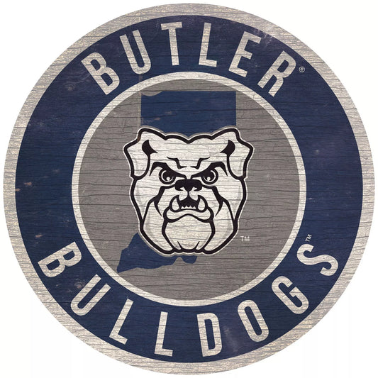 Butler Bulldogs 12" Round Distressed Wooden Sign with State by Fan Creations