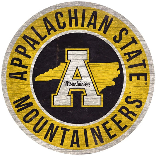 Appalachian State Mountaineers 12" Round Distressed Wooden Sign with State by Fan Creations