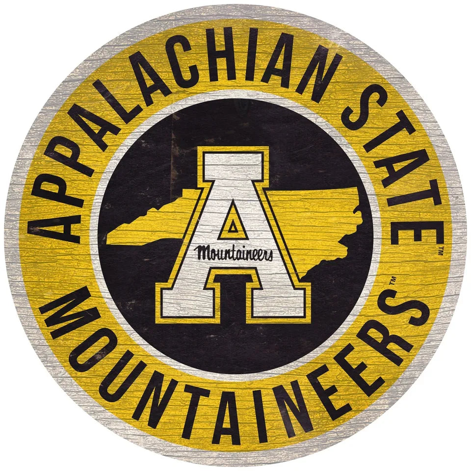 "Appalachian State Mountaineers 12'' Round Distressed Wooden Sign with State by Fan Creations: Rustic decor featuring team logo and state outline."