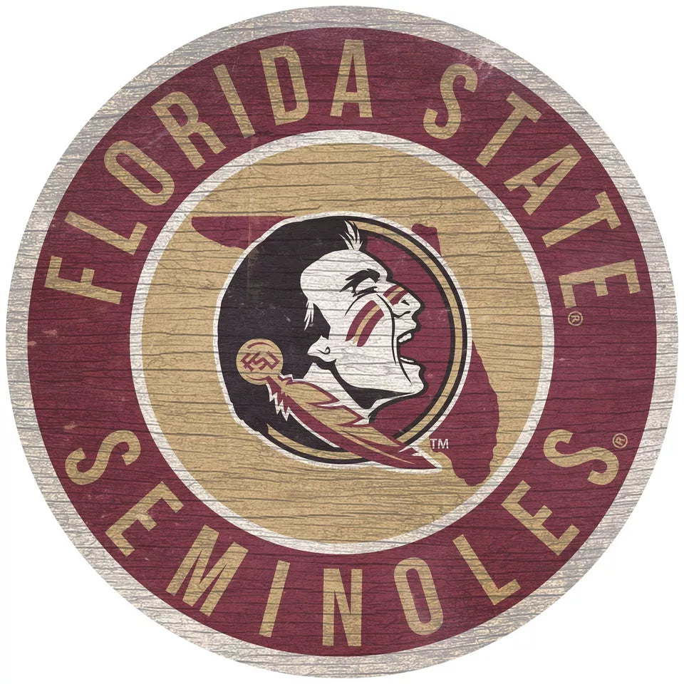 Florida State Seminoles 12" Round Distressed Wooden Sign with State by Fan Creations