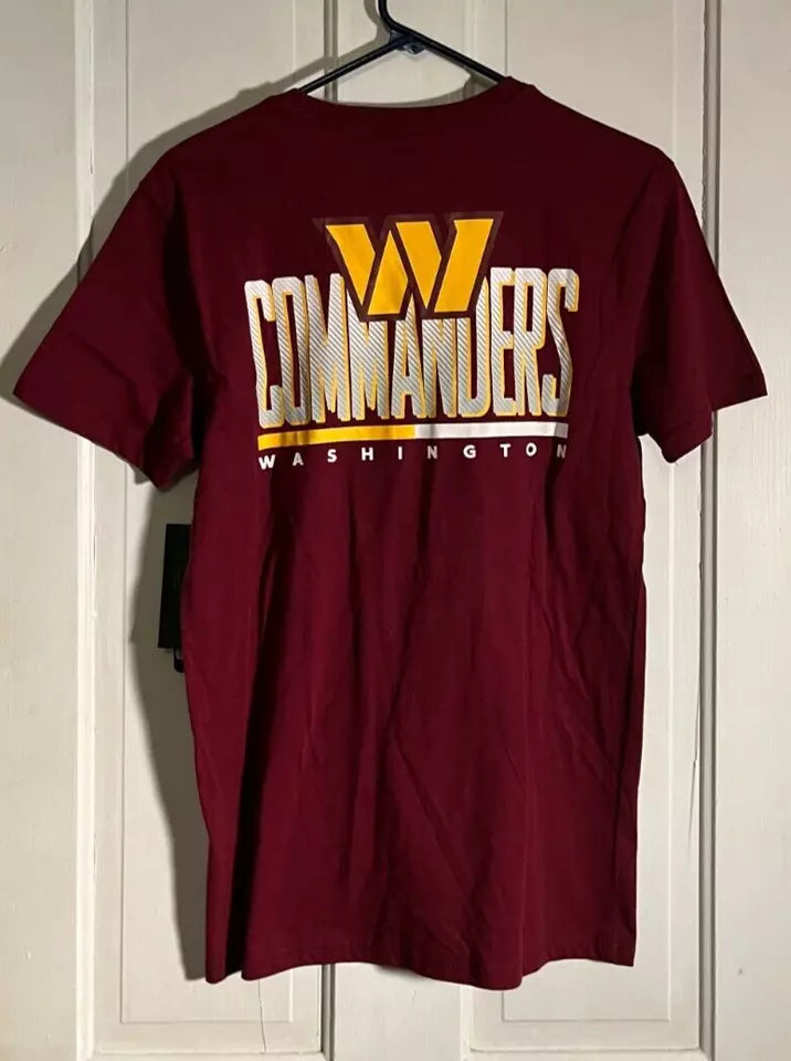 Washington Commanders T-shirt, sizes Small and Large, 60% polyester/40% cotton, burgundy, featuring team colors and graphics. Free shipping.