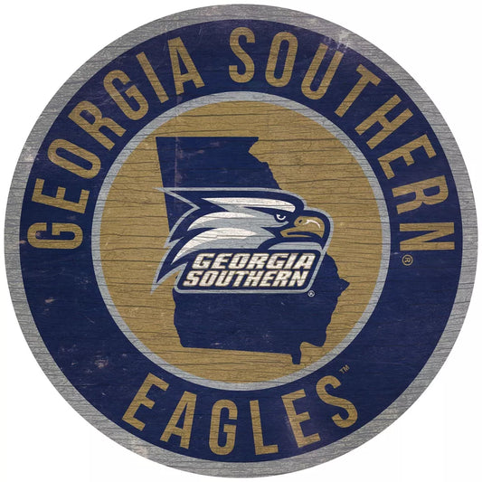 Georgia Southern Eagles 12" Round Distressed Wooden Sign with State by Fan Creations