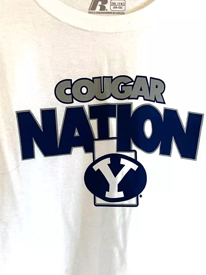 New - Brigham Young BYU Cougar Nation White Mens T Shirt by Russell - Size 2 X Large - New