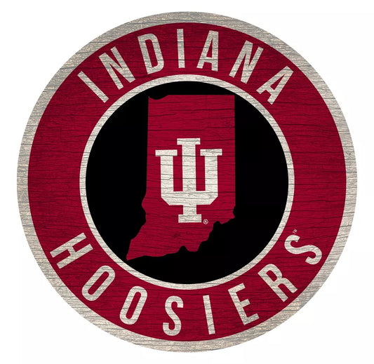 Indiana Hoosiers 12" Round Distressed Wooden Sign with State by Fan Creations