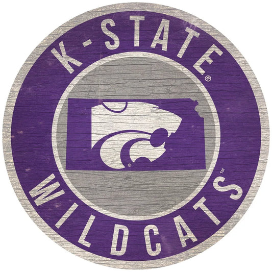 Kansas State Wildcats 12" Round Distressed Wooden Sign with State by Fan Creations