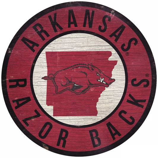 Arkansas Razorbacks 12" Round Distressed Wooden Sign with State by Fan Creations