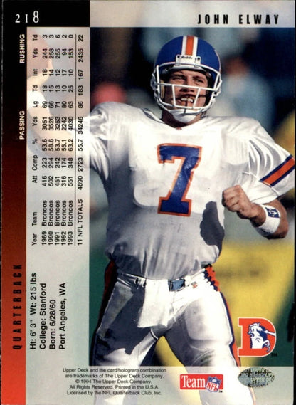 1994 Upper Deck #218 John Elway - Denver Broncos Football Card - {NM-MT}
