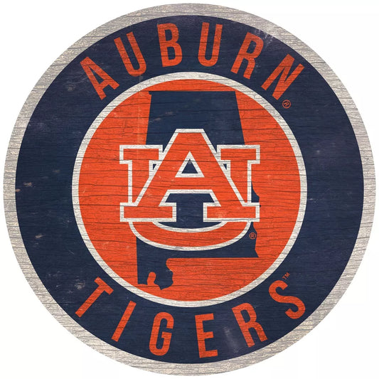 Auburn Tigers 12" Round Distressed Wooden Sign with State by Fan Creations