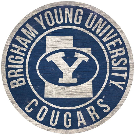 BYU Cougars 12" Round Distressed Wooden Sign with State by Fan Creations