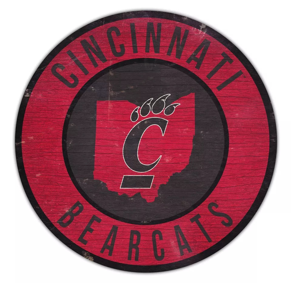 Cincinnati Bearcats NCAA 12" round wooden sign with state outline, featuring team colors and graphics, made of durable MDF, officially licensed, made in the USA.