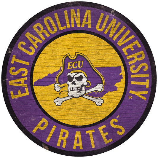 East Carolina (ECU) Pirates 12" Round Distressed Wooden Sign with State by Fan Creations