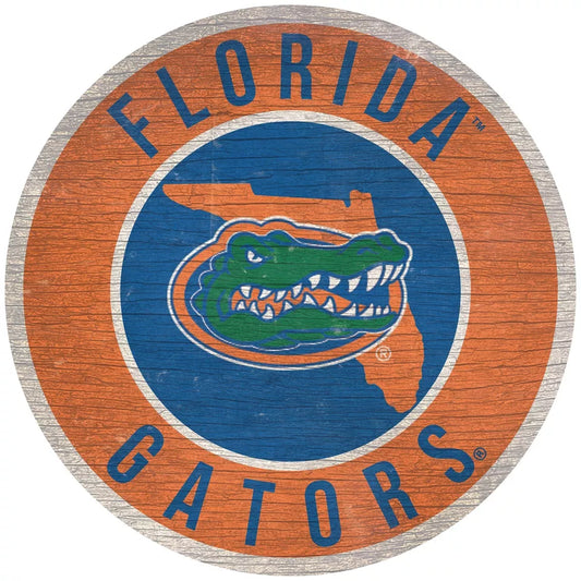 Florida Gators 12" Round Distressed Wooden Sign with State by Fan Creations