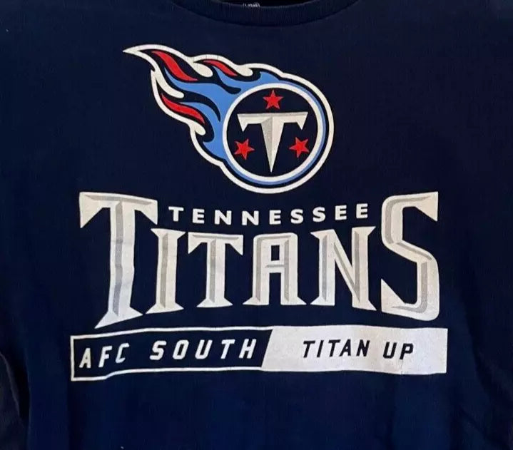 Tennessee Titans "Titan Up" men's long sleeve T-shirt, pre-owned but like-new, blue, 100% cotton, with team logo and colors. 