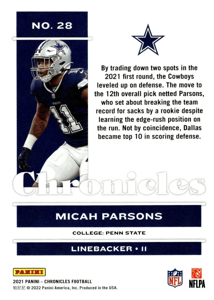 2021 Panini Chronicles #28 Micah Parsons RC - Cowboys Football Card