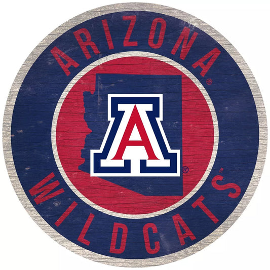Arizona Wildcats 12" Round Distressed Wooden Sign with State by Fan Creations