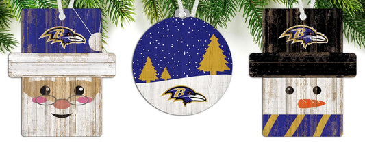 Baltimore Ravens NFL 3-pack ornament set with Santa, snowman, and snow scene. Perfect for Christmas tree decor.