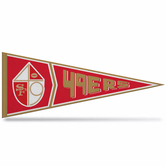 San Francisco 49ers retro 12x30-inch NFL felt pennant featuring vibrant team graphics for fans and collectors.