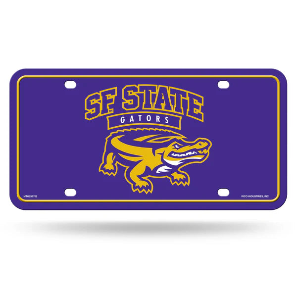 San Francisco State Gators metal license plate, 6" x 12", NCAA licensed with team graphics and bold purple and gold colors