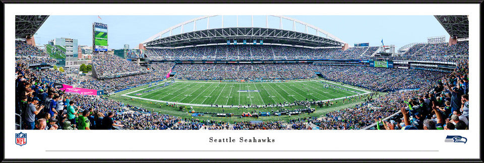 Seattle Seahawks panoramic photo at Lumen Field in deluxe frame options, perfect NFL wall décor for fans.