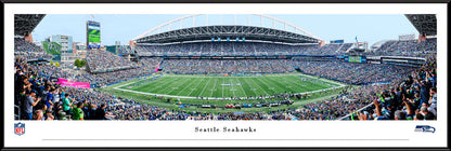 Seattle Seahawks panoramic photo at Lumen Field in deluxe frame options, perfect NFL wall décor for fans.