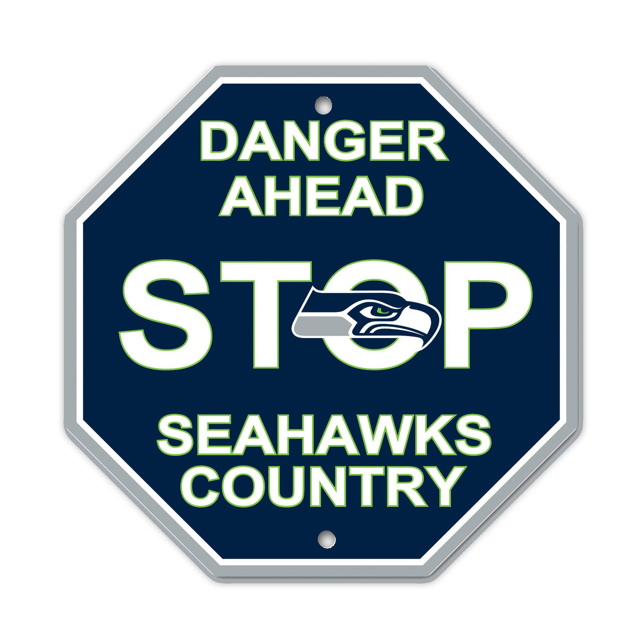 Show your Seahawks pride with this 12" x 12" stop sign. Officially licensed NFL product with team colors and graphics. Made by Fremont Die.