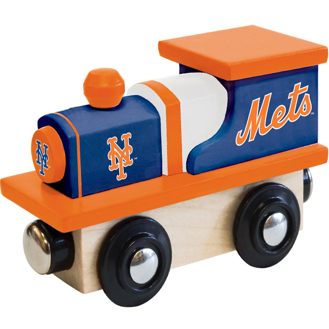 "New York Mets wooden toy train engine by Masterpieces, featuring team colors and logo, designed for fun play and showcasing Mets pride."