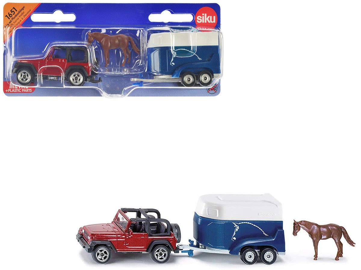 Siku red Jeep with blue horse trailer and horse accessory diecast model with rubber tires and detailed exterior.