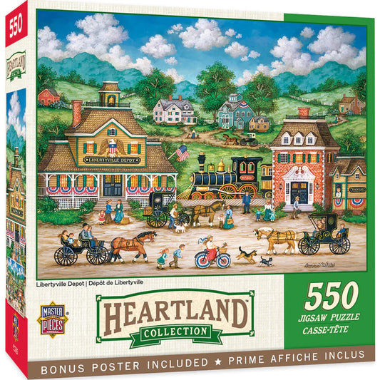 Heartland Puzzle: 550 pieces, 24" x 18". Bonnie White's art by Masterpieces. Explore the charm of Libertyville Depot!