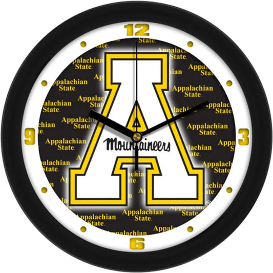 Appalachian State Mountaineers Dimension Wall Clock, 11.5" diameter, durable plastic frame, mineral glass window, team colors.