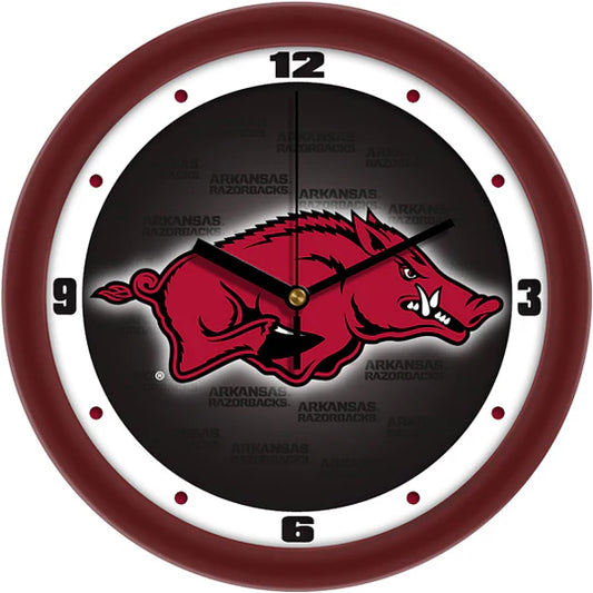 Arkansas Razorbacks Dimension Wall Clock, 11.5" diameter, durable plastic frame, mineral glass window, team colors.