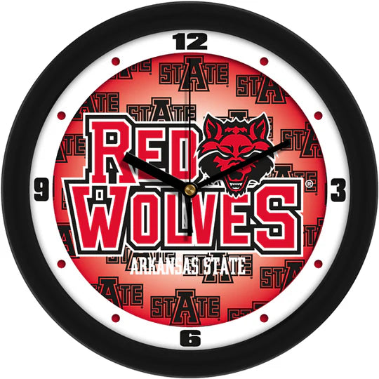 Arkansas State Red Wolves 11.5" Dimension Wall Clock with team colors and graphics, durable plastic frame, and glass window.