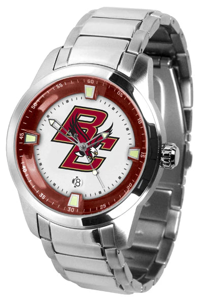 Boston College Eagles Men's Titan Steel Watch, stainless steel case, luminous hands, 3 ATM water-resistant, free shipping.