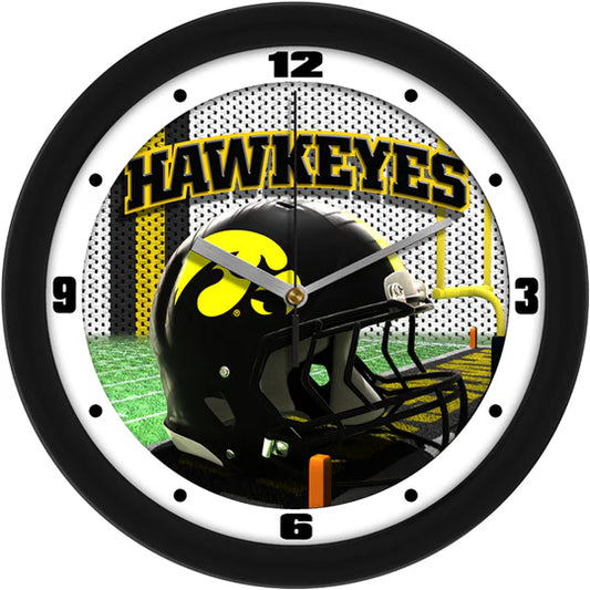 Iowa Hawkeyes Football Helmet Wall Clock: 11.5" x 11.5", team colors, 3D design, quartz movement, mineral glass. Officially licensed.