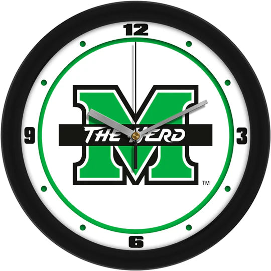 Marshall Thundering Herd NCAA wall clock with traditional logo, team colors, mineral glass crystal, and quartz movement