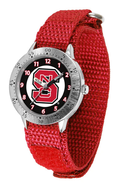 NC State Wolfpack kids' wristwatch with team logo, easy-to-read dial, adjustable Velcro strap, stainless steel back.