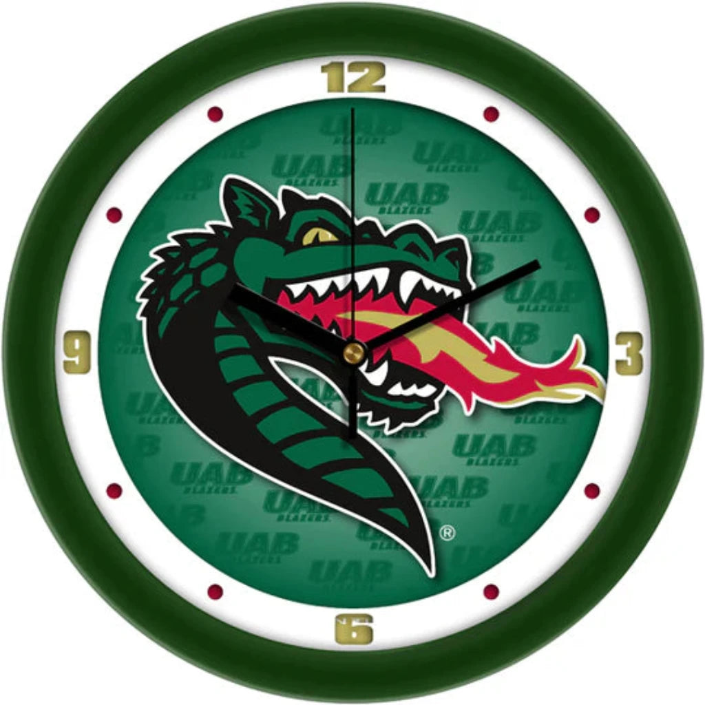 Alabama UAB Blazers Dimension Wall Clock, 11.5" diameter, durable plastic frame, mineral glass window, team colors.