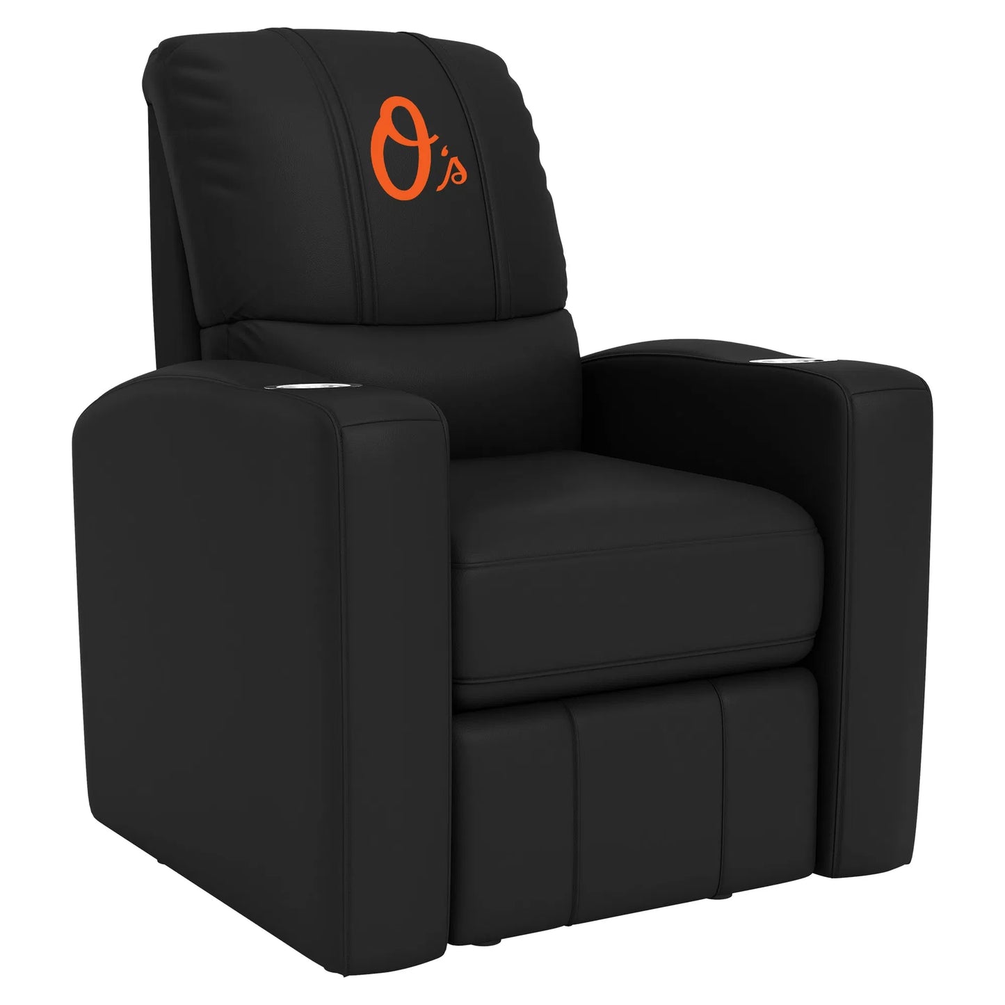 Baltimore Orioles MLB stealth recliner in synthetic leather with manual recline, dual arm cup holders, and XZipit logo system