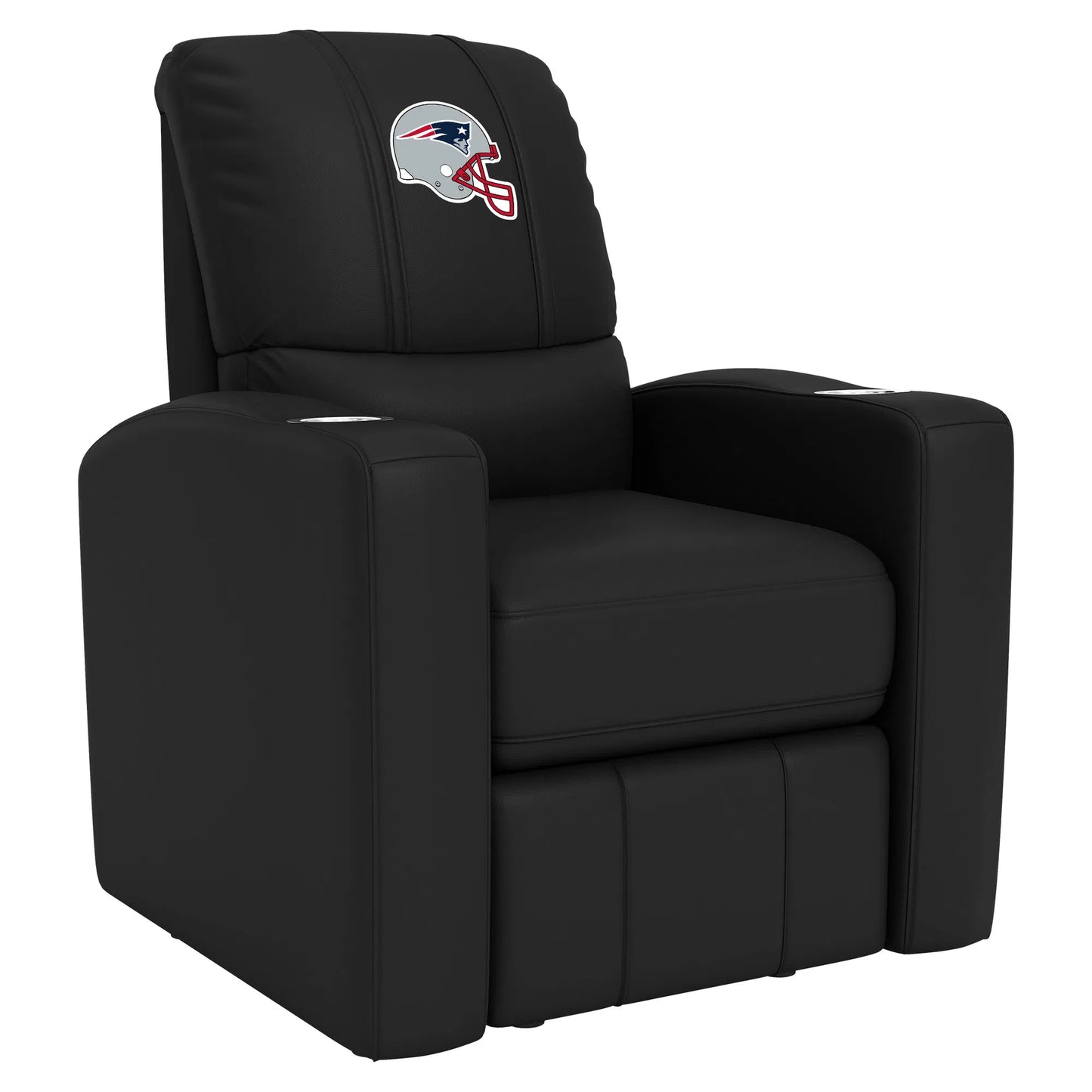 New England Patriots stealth recliner with synthetic leather, manual recline, dual cup holders, and customizable XZipit panel