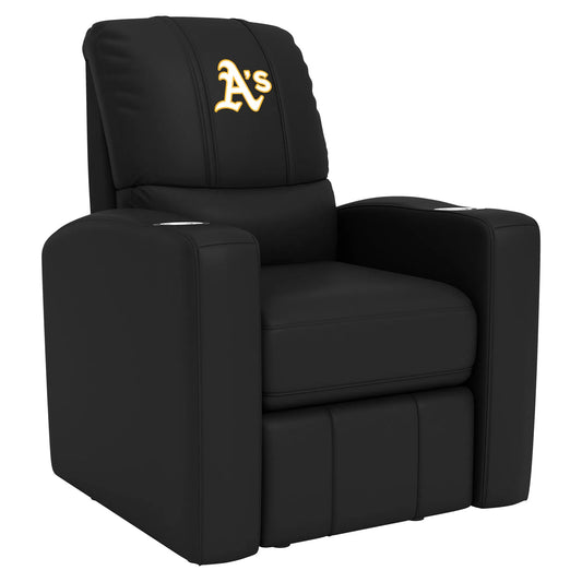 Oakland Athletics MLB stealth recliner featuring synthetic leather upholstery, manual recline control, dual cup holders, and XZipit panel