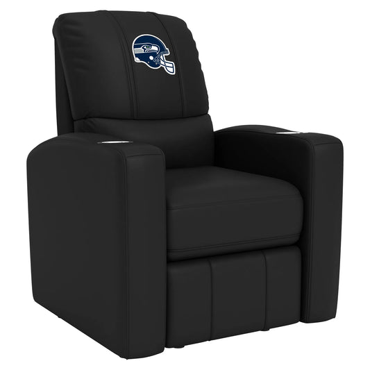 Seattle Seahawks stealth recliner with smooth synthetic leather, manual recline, dual arm cup holders, and XZipit logo panel