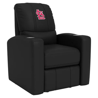 Luxury St. Louis Cardinals stealth recliner with synthetic leather finish, dual arm cup holders, and customizable XZipit logo panel