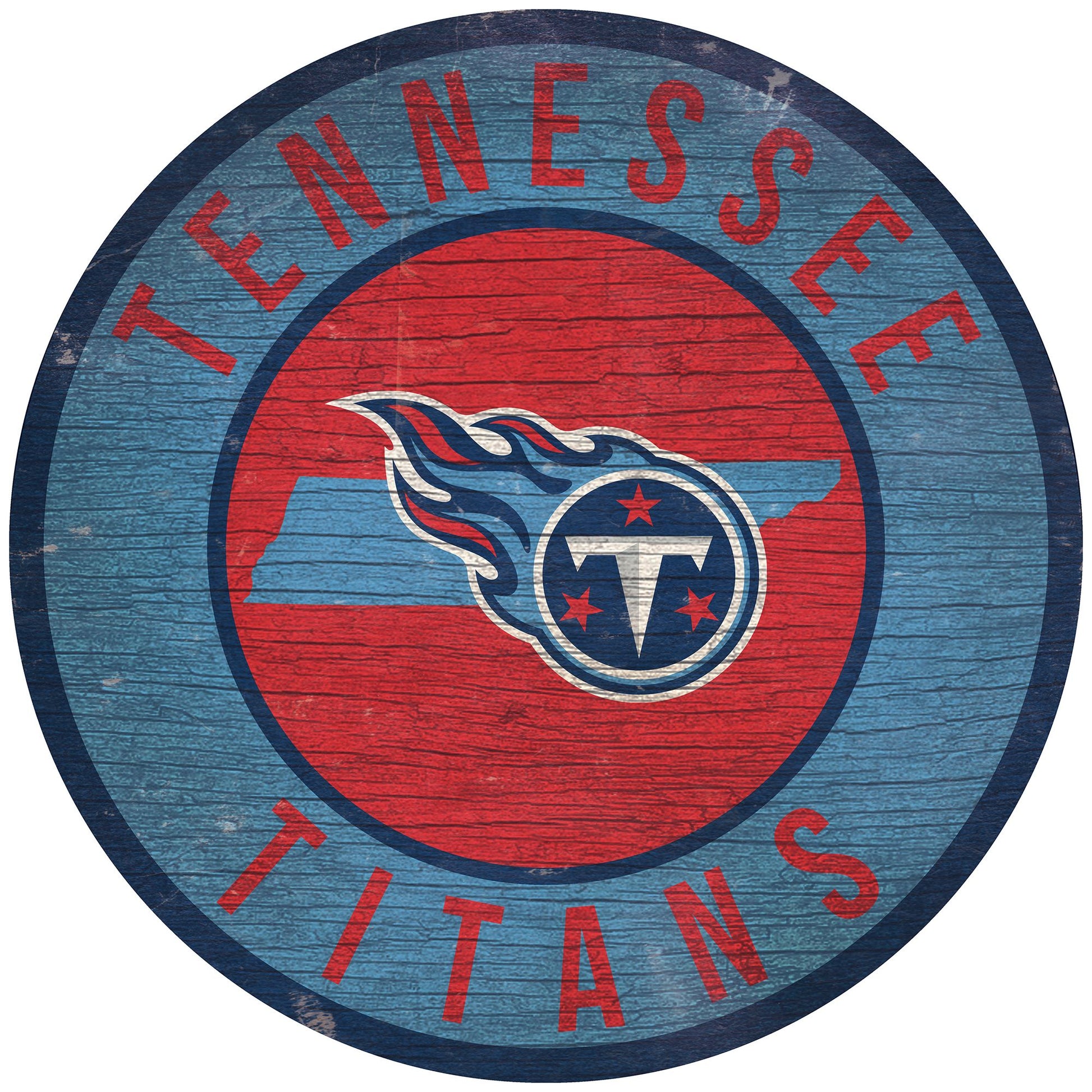 Tennessee Titans 12" Round Distressed Sign with state outline, featuring team colors and logo. Made in USA, officially licensed.