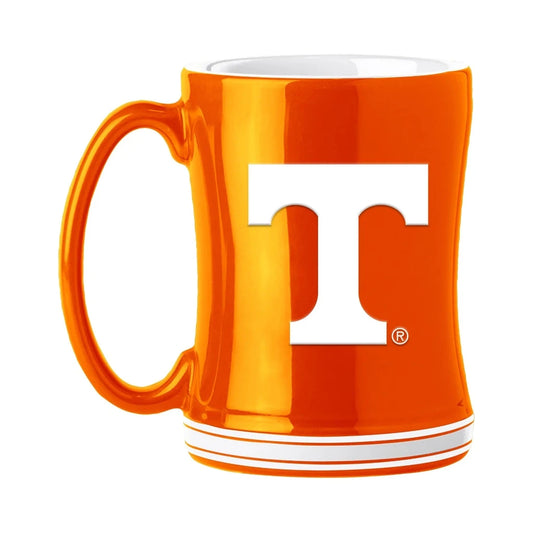 "14oz. Tennessee Volunteers coffee mug by Logo Brands featuring team colors and logo, ideal for fans to enjoy their favorite beverages while showing team pride."