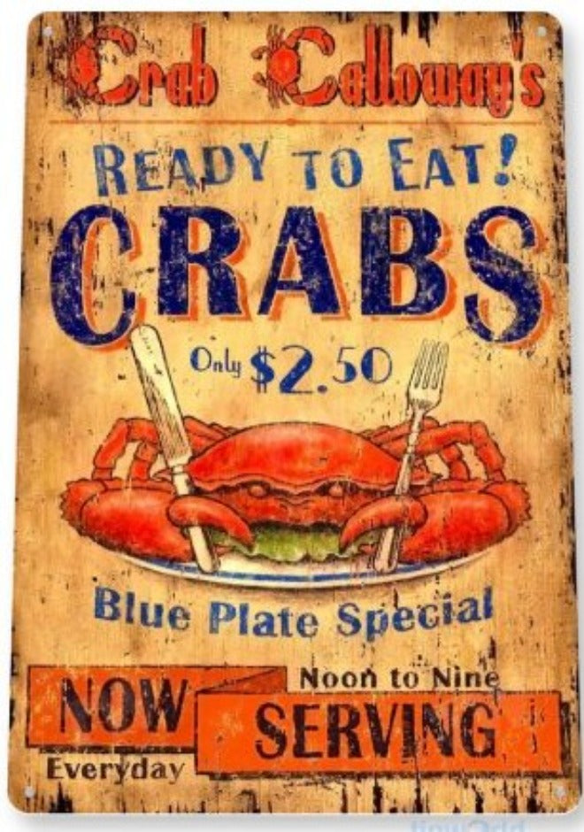 Serving Crab Distressed Metal Tin Sign B200