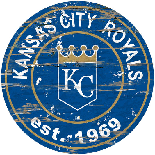 Kansas City Royals distressed round sign, 24" diameter. Features team graphics & established date. Indoor use only. Officially licensed.