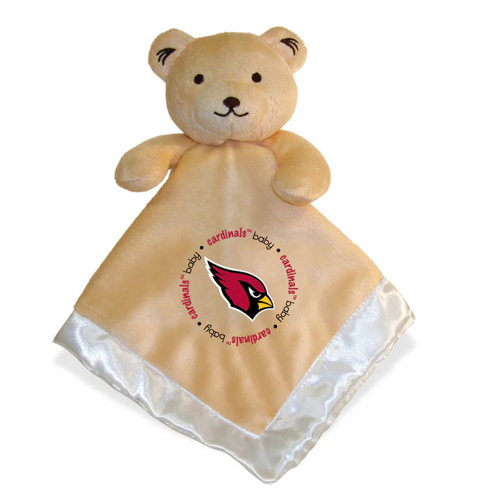 Tan security bear with embroidered Arizona Cardinals logo, soft pile top, satin underside, plush head and arms, 14"x14"