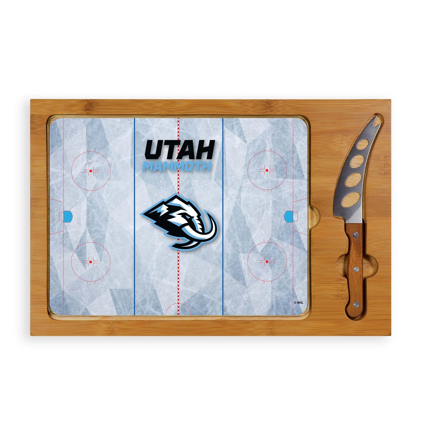 Utah Mammoth Icon cutting board with bamboo base and stainless steel cheese knife, officially licensed by NHL.