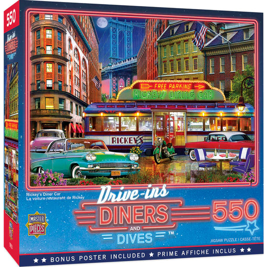 Rickey's Diner Car Puzzle: 550 pieces, 24" x 18". David Maclean's vibrant art by Masterpieces for classic American charm and nostalgia!