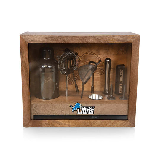 Detroit Lions Old Fashioned Bar Set with stainless steel tools, mango wood and glass case, and Lions logoed bar mat.