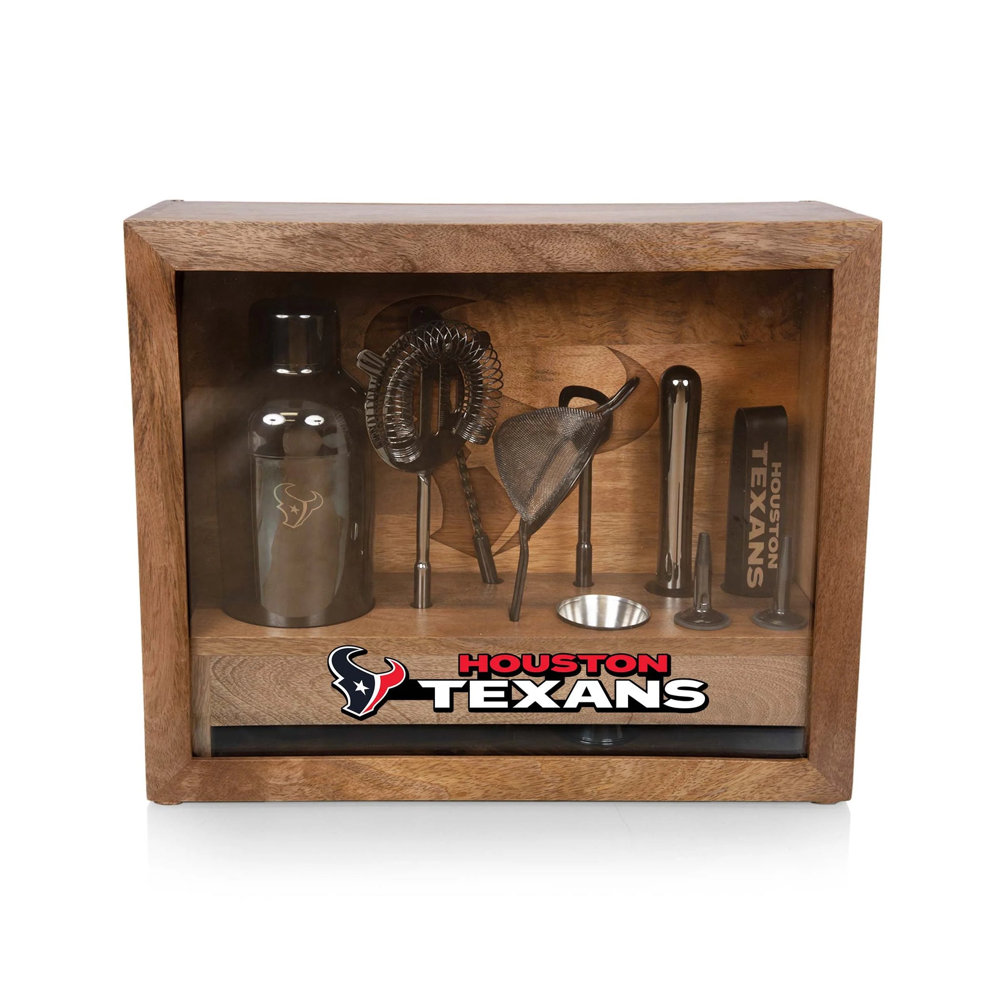 Houston Texans Old Fashioned Bar Set with stainless steel tools, mango wood and glass case, and Texans logoed bar mat.